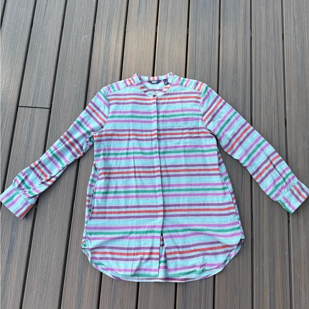 Lands’ End Women’s Flannel Tunic Shirt Large Multicolor Stripe Button Front